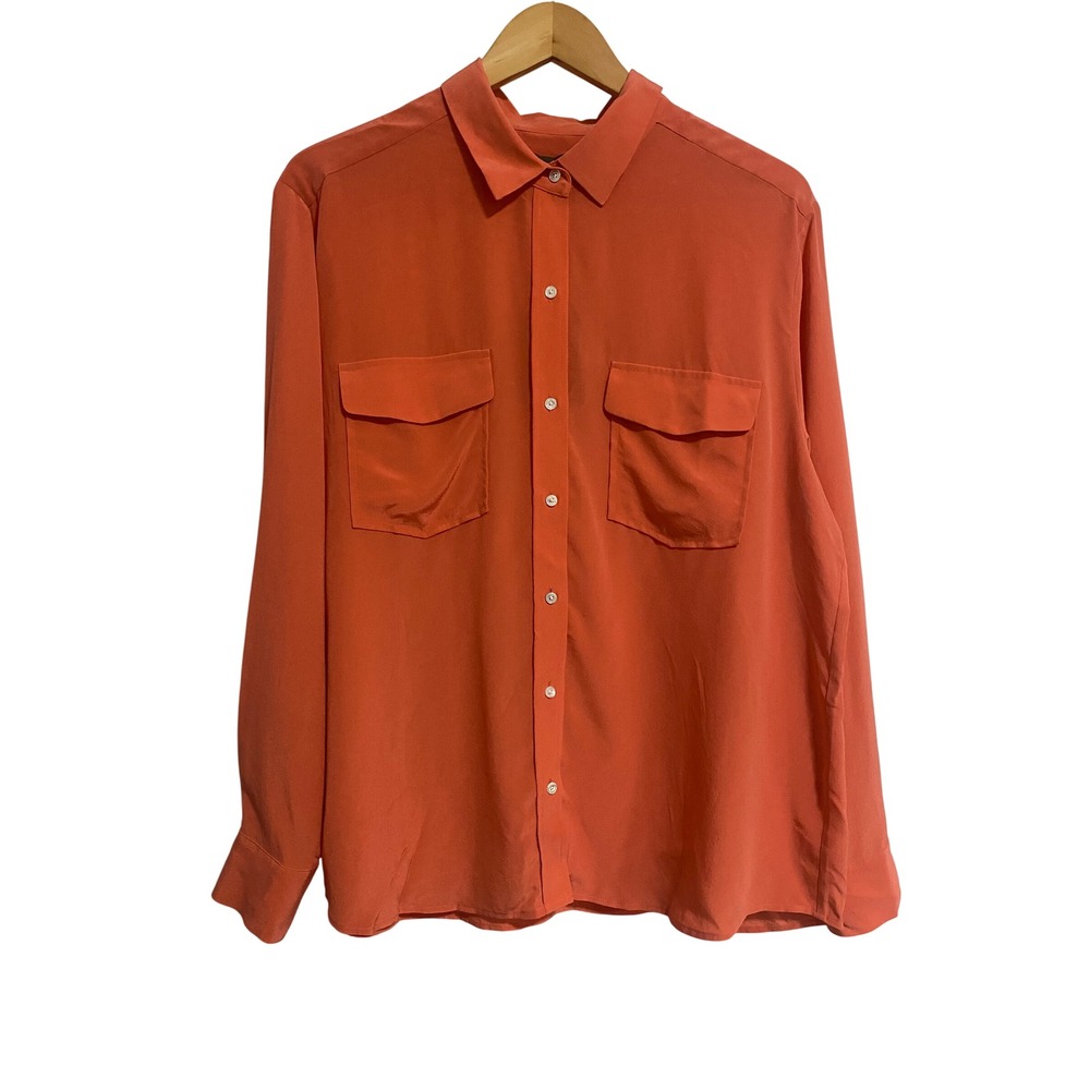 Tommy Bahama Silk Button Down Shirt Womens XL Coral Orange Roll Tab Sleeve NWT